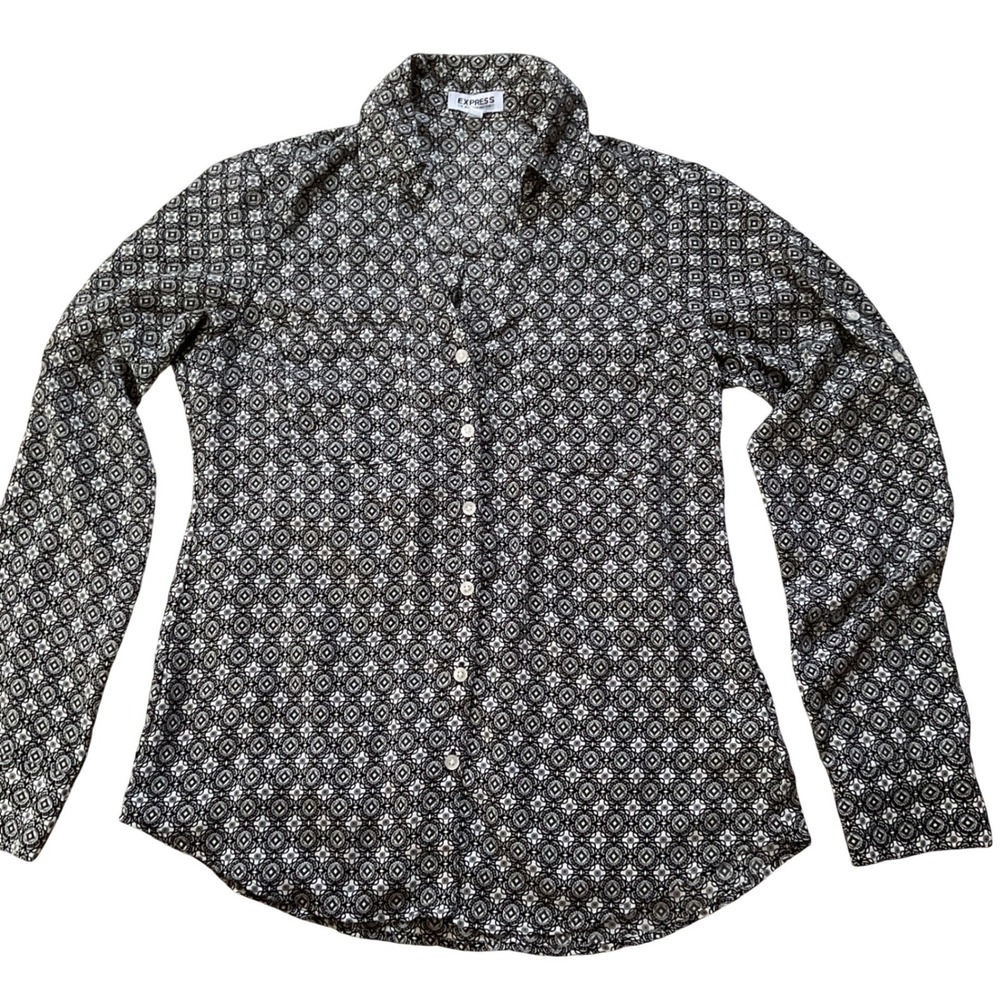 Express The Portofino Shirt‎ Womens XS Black White Geometric Medallion Button Up
